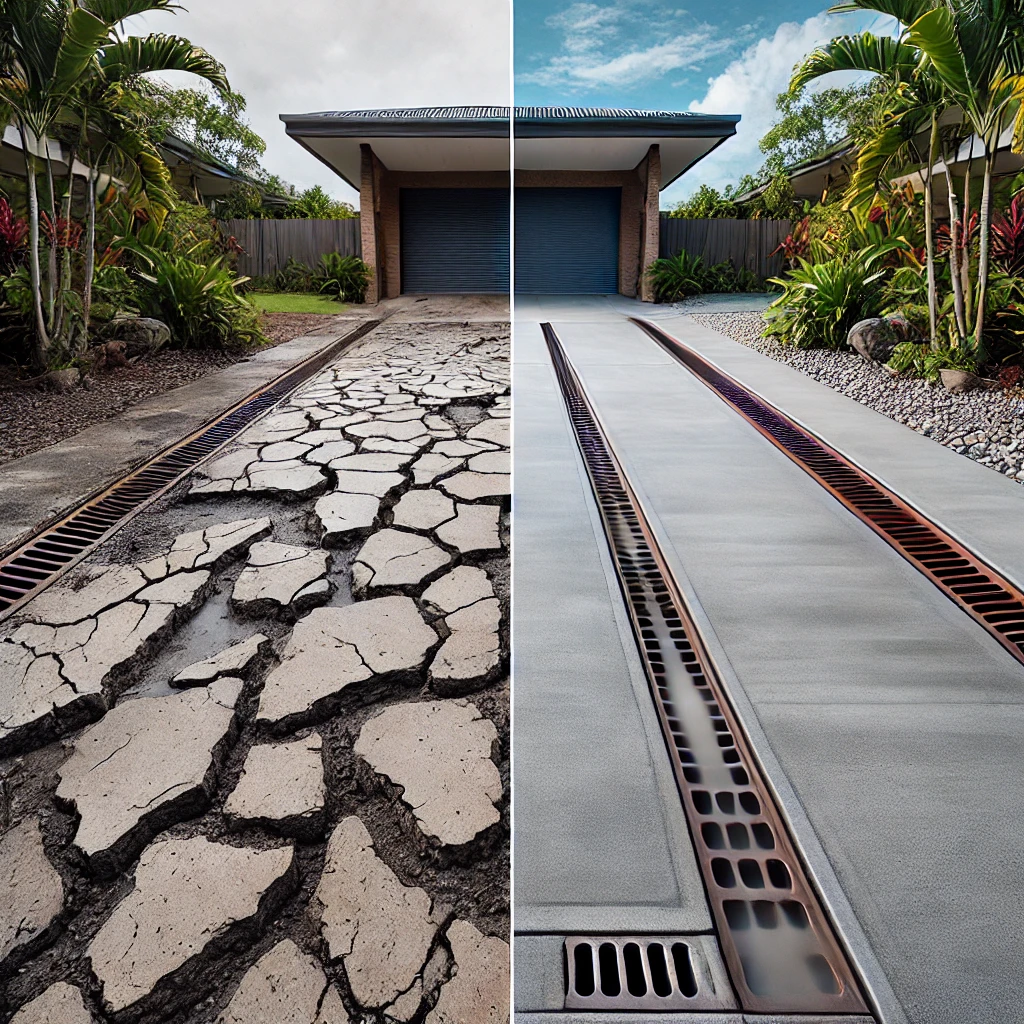 Before and after of a Townsville driveway: cracked concrete repaired with reinforced, well-drained concrete
