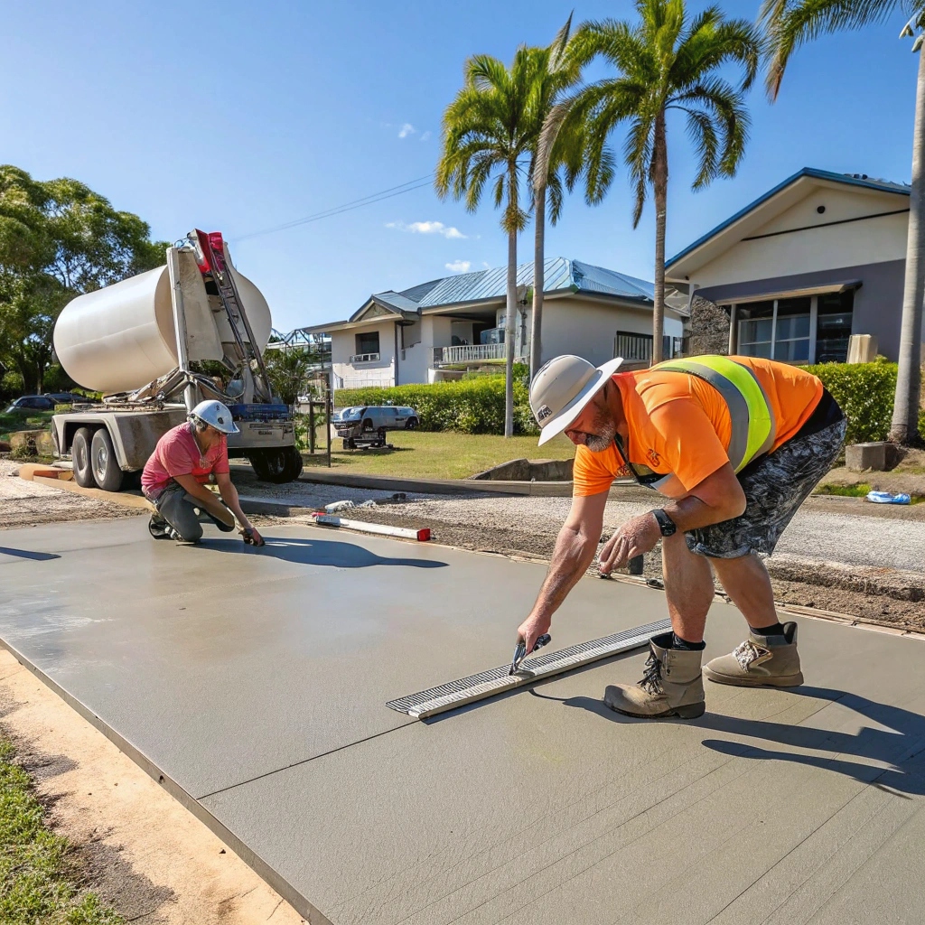 Concrete contractors working on a residential driveway in Douglas