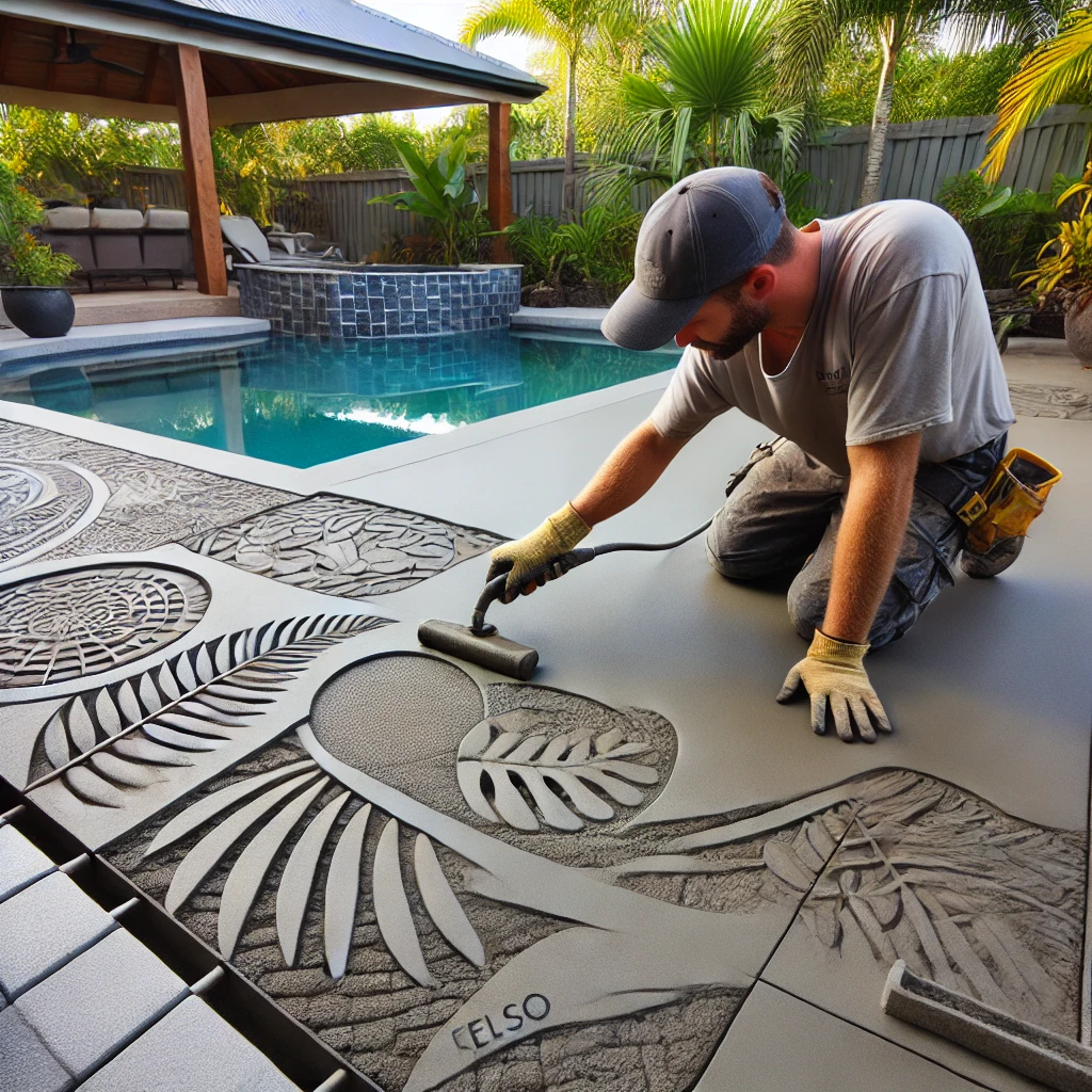 Concrete contractor finishing a stamped patio beside a pool in Kelso, Queensland