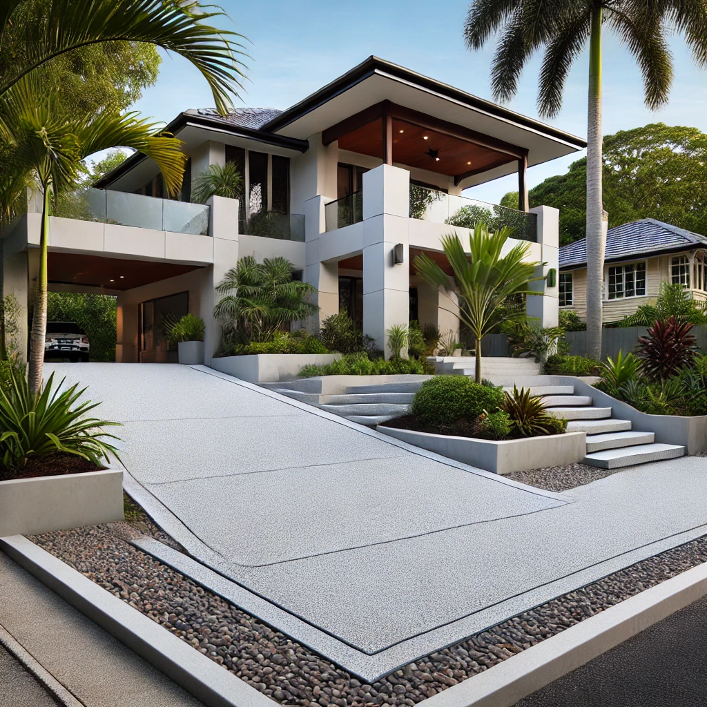 Exposed aggregate concrete driveway with tropical landscaping at a Hyde Park home