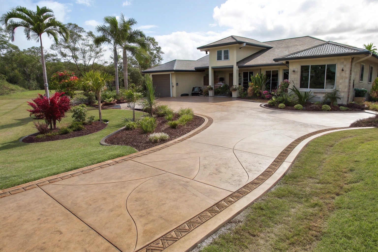 Stamped concrete driveway and pathways at a Queensland home