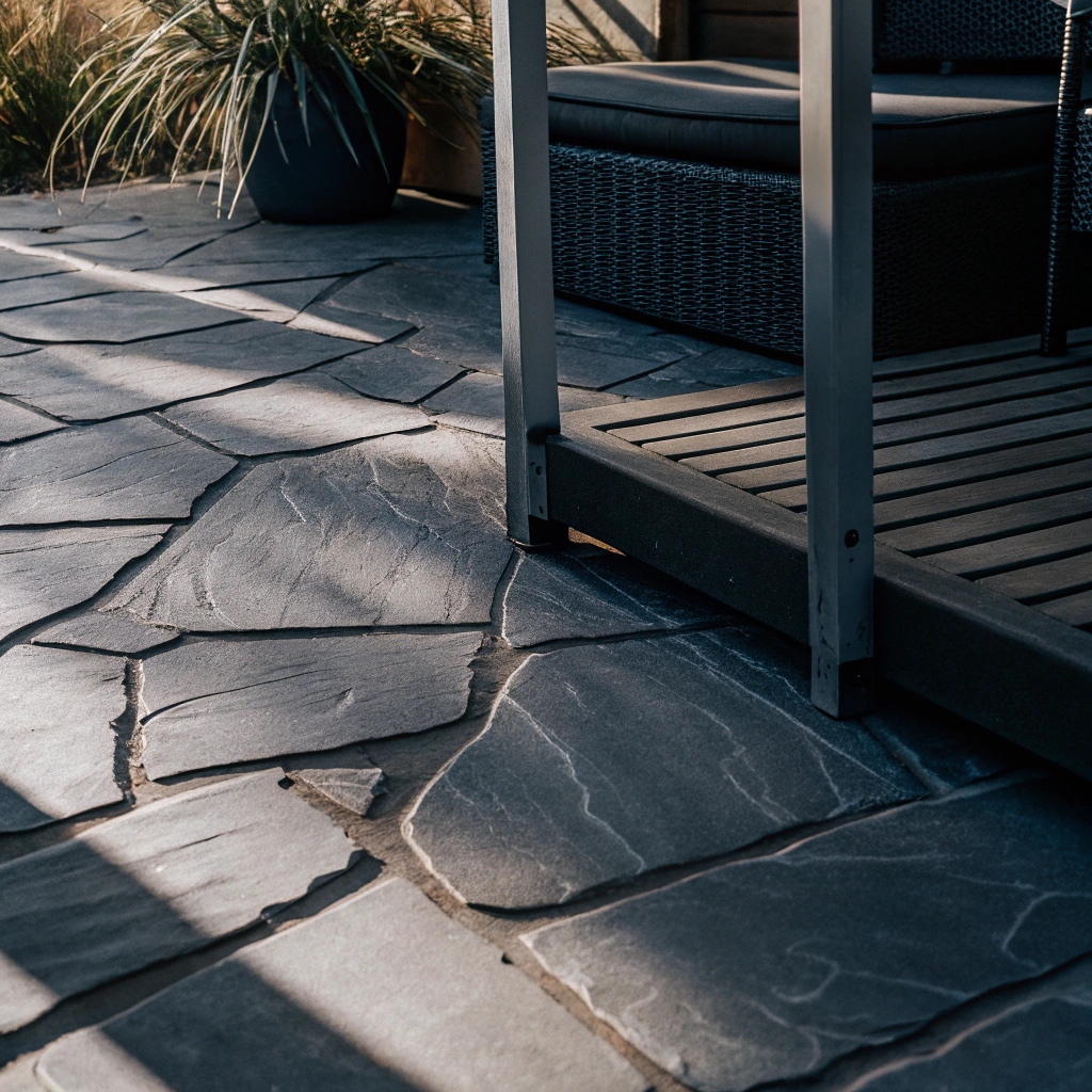 Stamped concrete patio with a natural stone pattern at a Bushland Beach home