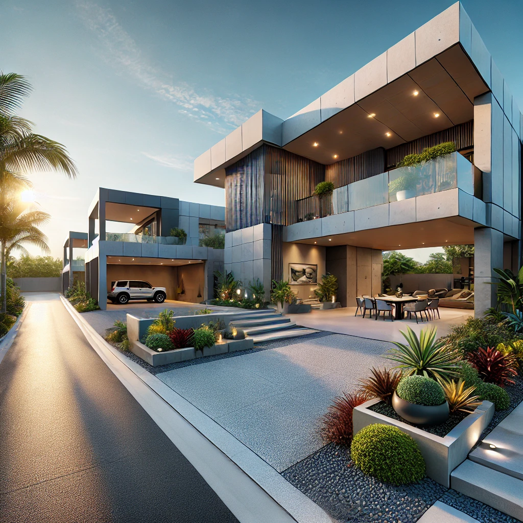 High-quality concrete driveway in Townsville featuring exposed aggregate finish with tropical landscaping