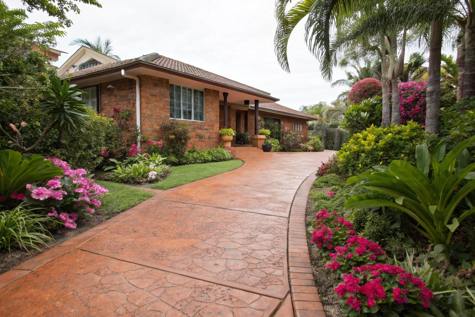 Coloured concrete driveway Townsville residential property