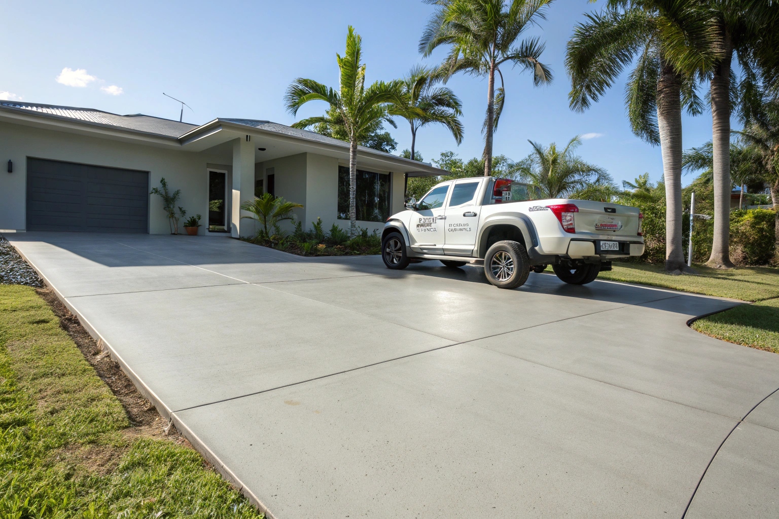 Freshly poured plain concrete driveway leading to a Townsville home