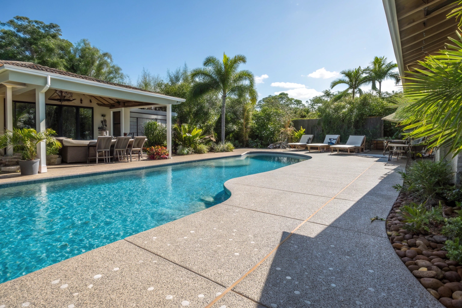 Exposed aggregate concrete around a backyard pool area