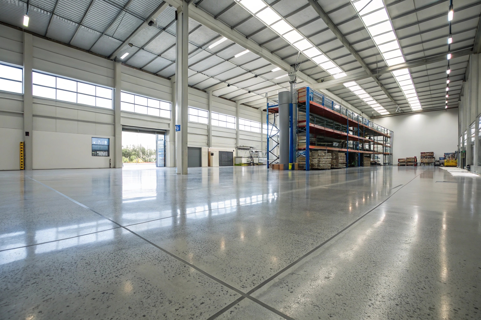 Modern warehouse interior with smooth commercial concrete flooring