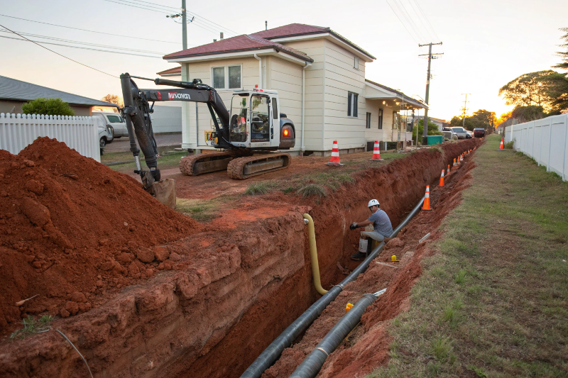 GPS-guided excavator digging a foundation trench at a Townsville property