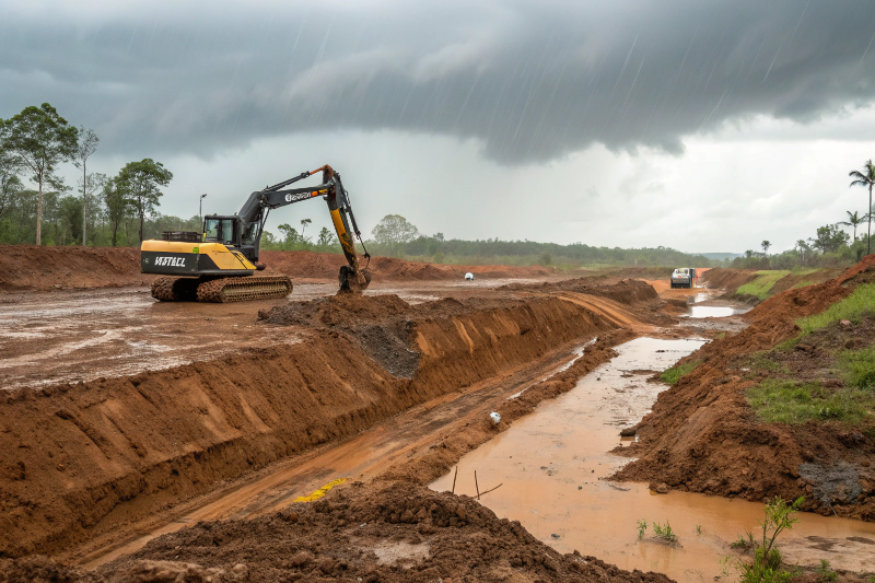 Excavator working through wet season rain on a Townsville site