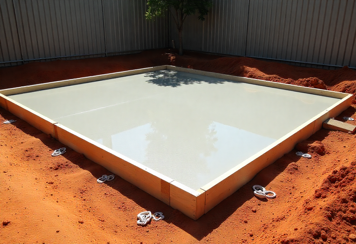 Professional concrete shed slab for a double garage, freshly poured and smoothly finished