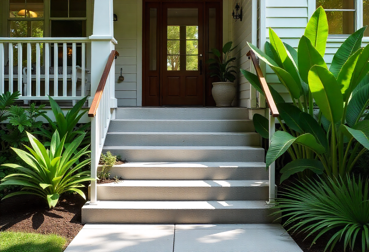 Wide concrete entry steps leading up to a traditional raised Queenslander-style home