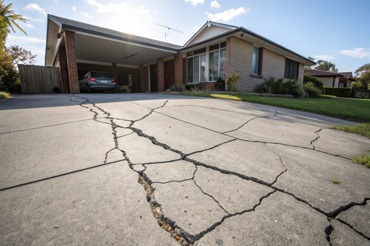 Cracked concrete driveway needing removal in Townsville suburb