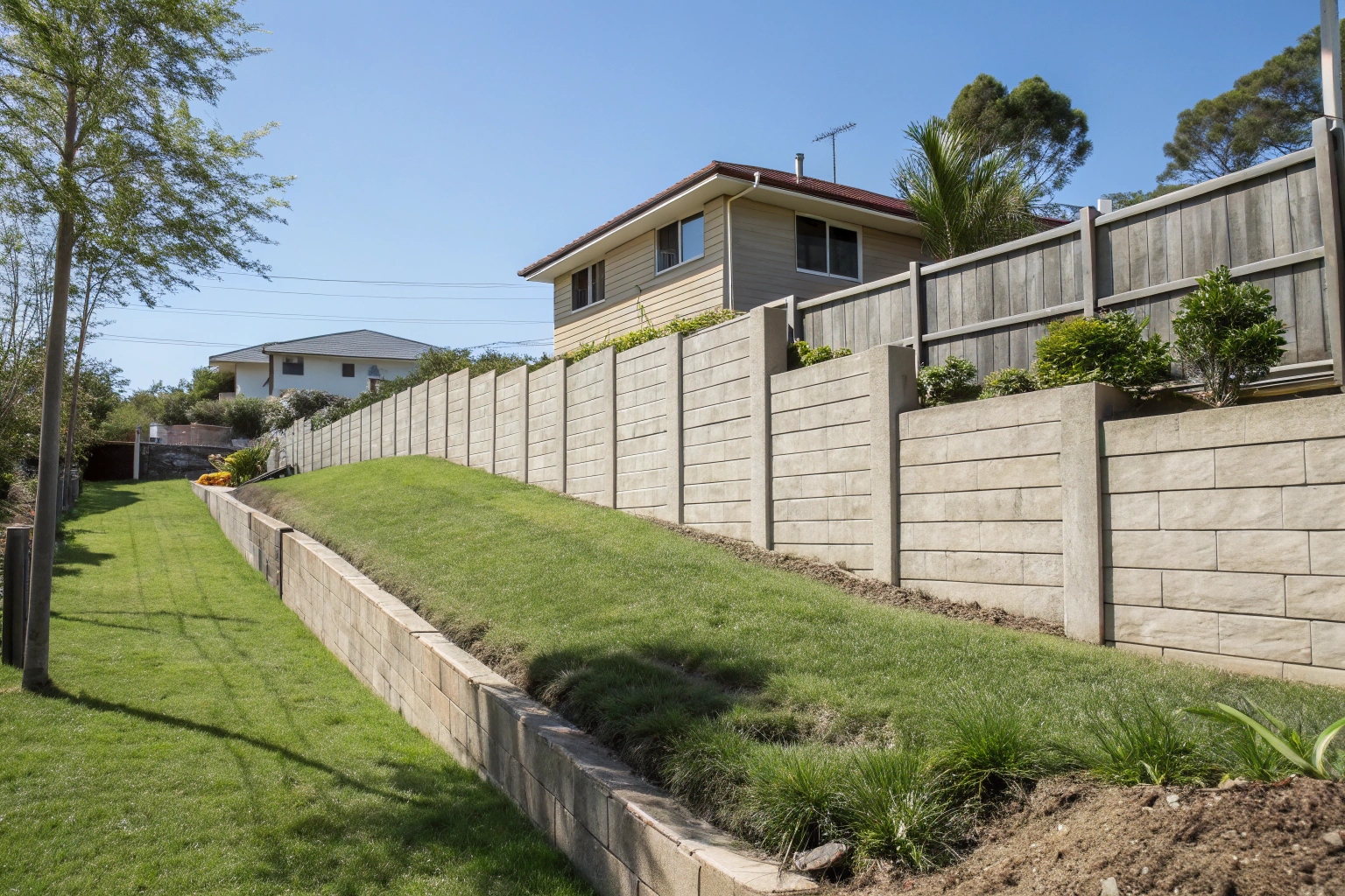 Concrete retaining wall supporting sloped residential property in Townsville suburb