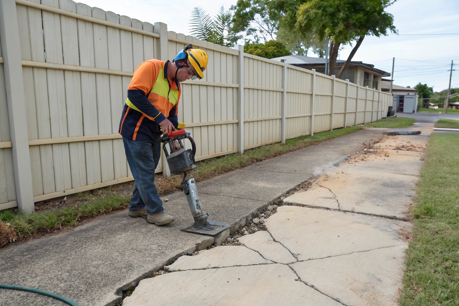 Professional concrete breaking using jackhammer in Townsville backyard