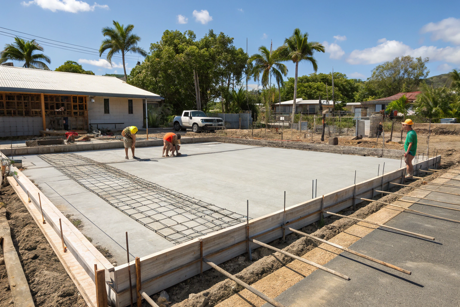 Freshly poured concrete shed slab foundation ready for construction