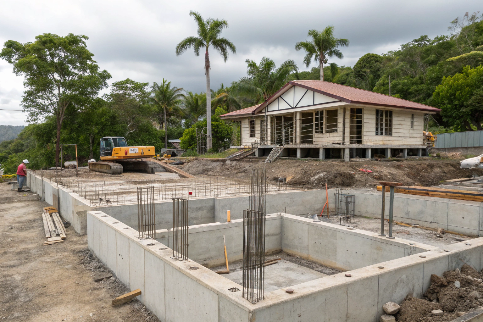 Ground level view of concrete pier and beam foundation