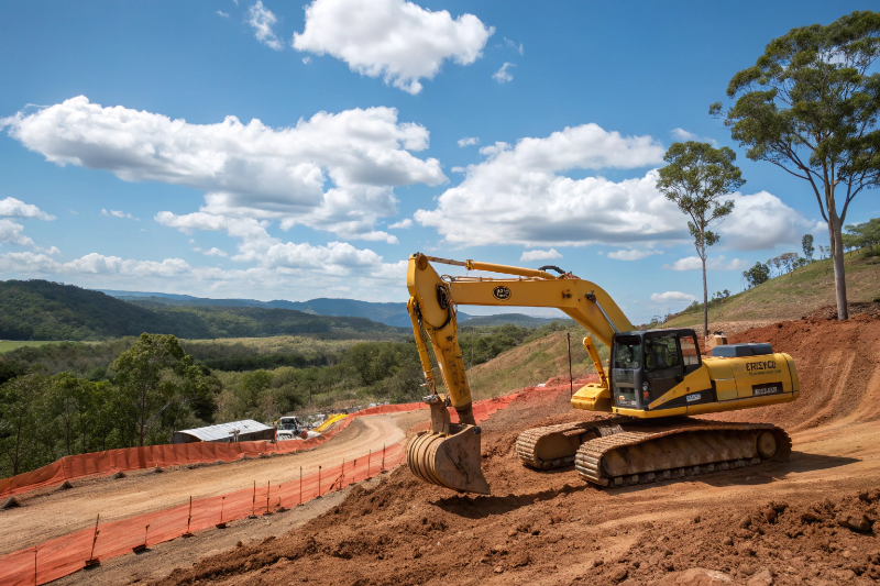 Wide-angle photograph of a large yellow excavator performing bulk excavation at a residential subdivision construction site