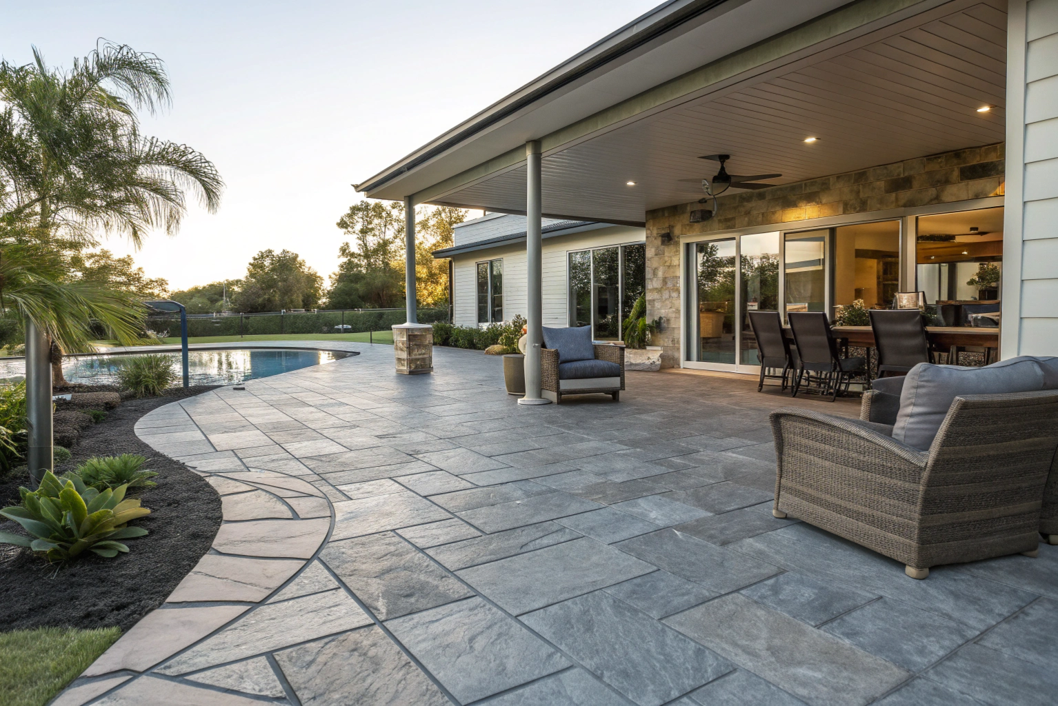 Outdoor patio finished with an ashlar slate stamped concrete pattern