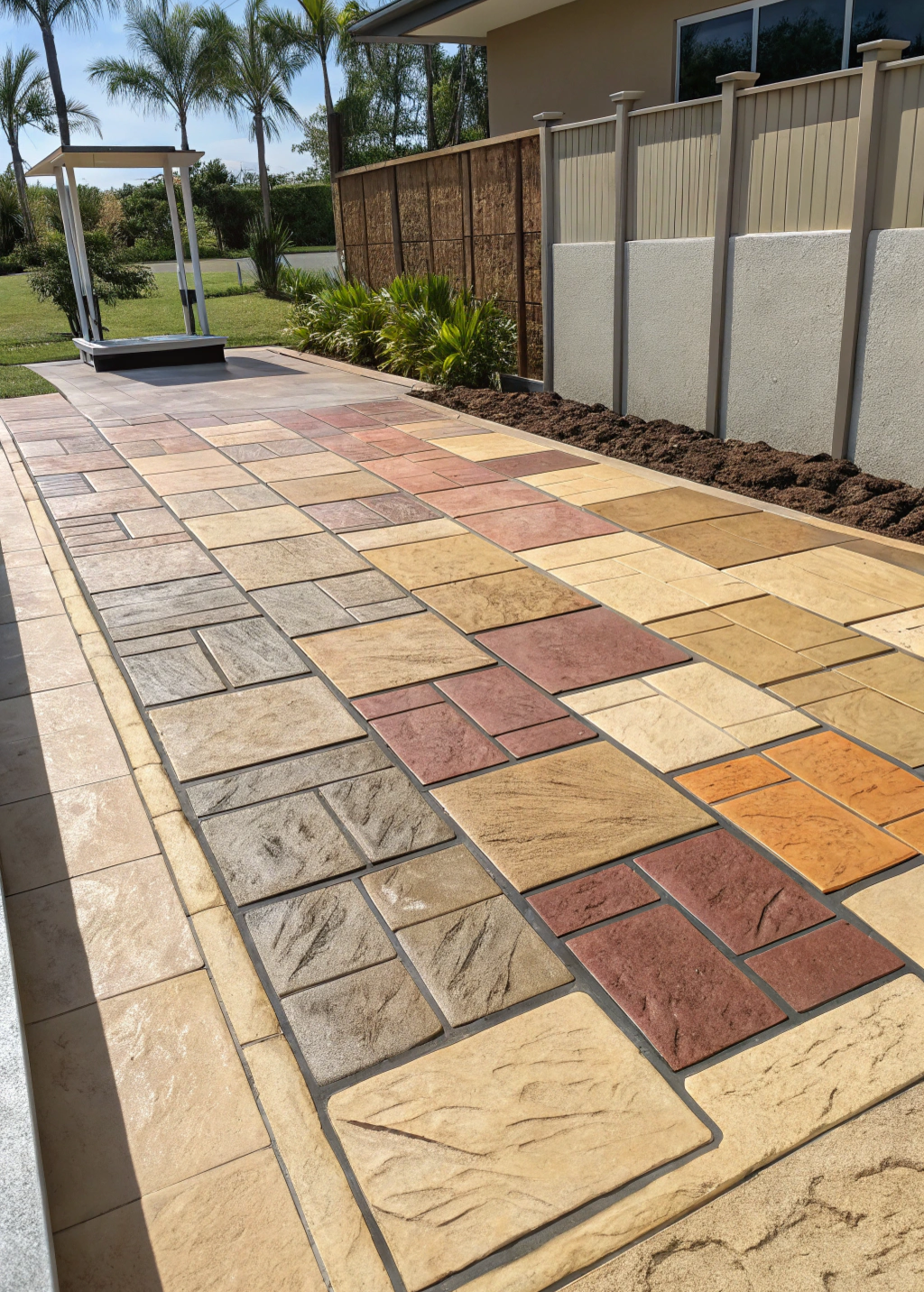Stamped concrete surface finished in a light, heat-reflective colour