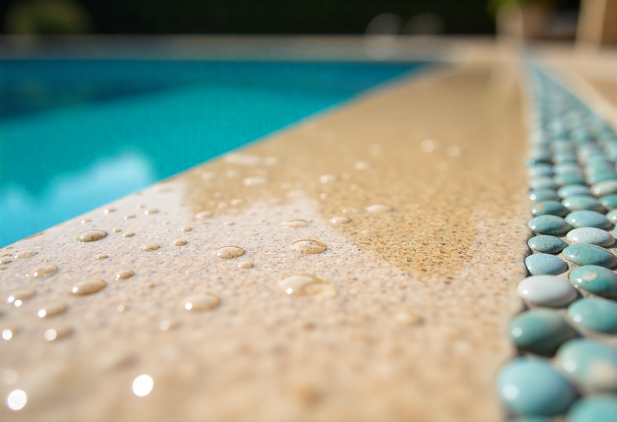 Close-up of wet exposed aggregate concrete around a pool