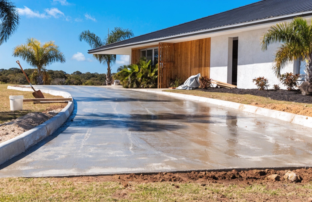 New concrete driveway at a Bushland Beach coastal home